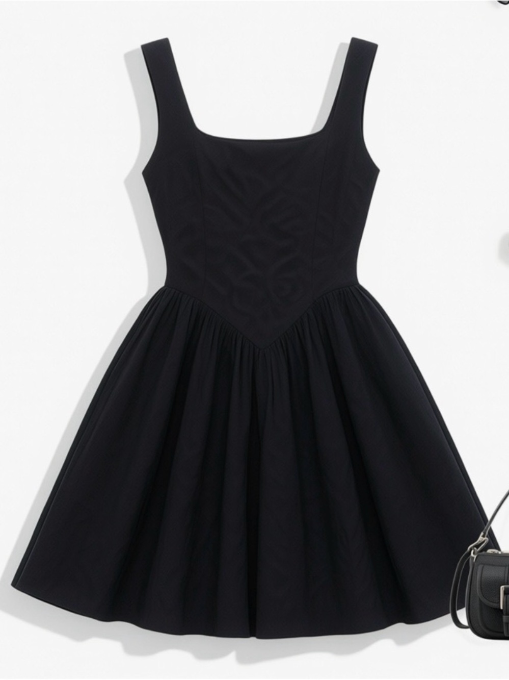 OYS Square Neck Black Mini Fit-and-Flare Dress